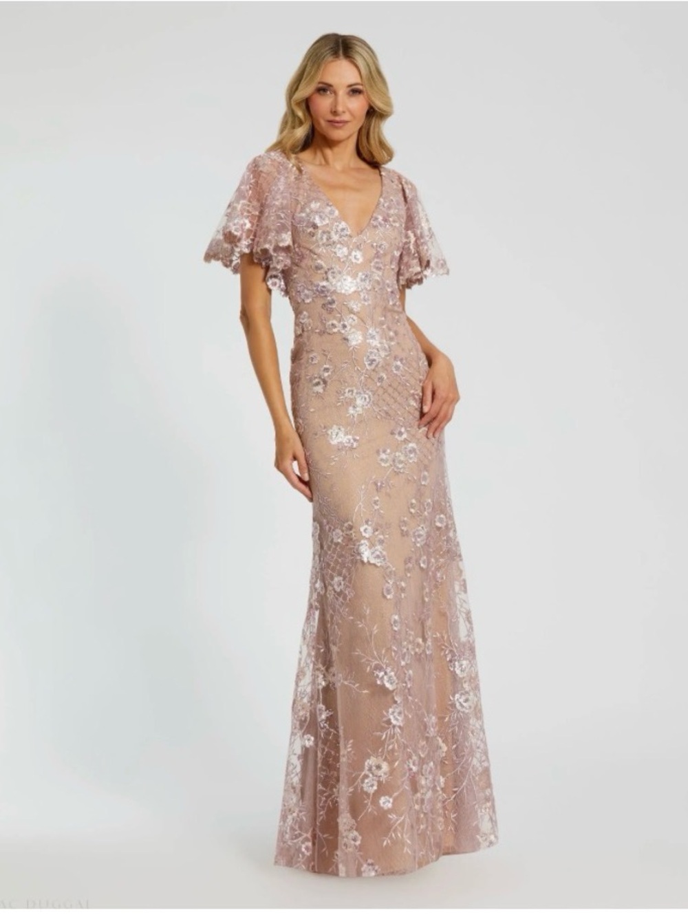 Mac Duggal - #68743 Pink Embellished Lace V Neck Butterfly Sleeve Gown Size 8 - Picture 1 of 9